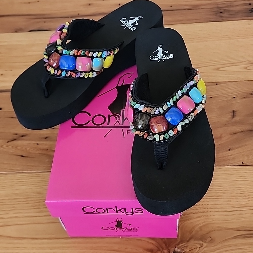 NEW Corkys Black Elevated Flip Flops with Multicolor Beads